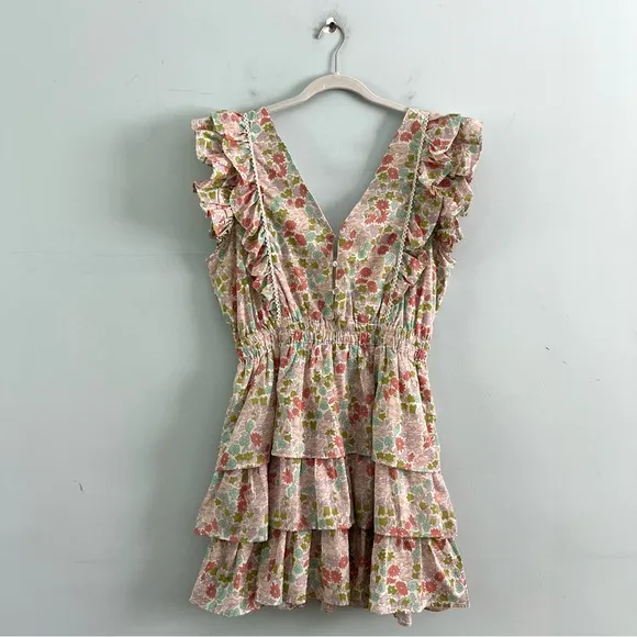 NWT Anthropologie Love The Label Ines Ivory Floral Tiered Ruffle Mini Dress