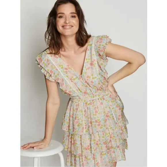 NWT Anthropologie Love The Label Ines Ivory Floral Tiered Ruffle Mini Dress