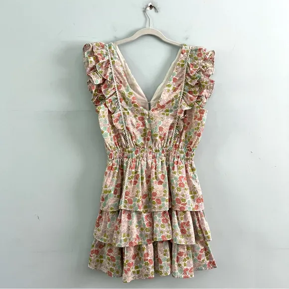 NWT Anthropologie Love The Label Ines Ivory Floral Tiered Ruffle Mini Dress
