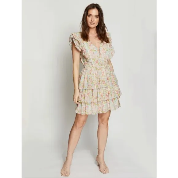 NWT Anthropologie Love The Label Ines Ivory Floral Tiered Ruffle Mini Dress