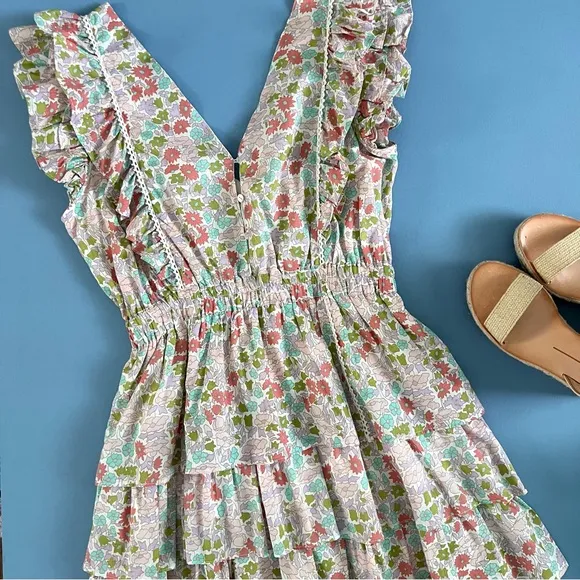 NWT Anthropologie Love The Label Ines Ivory Floral Tiered Ruffle Mini Dress