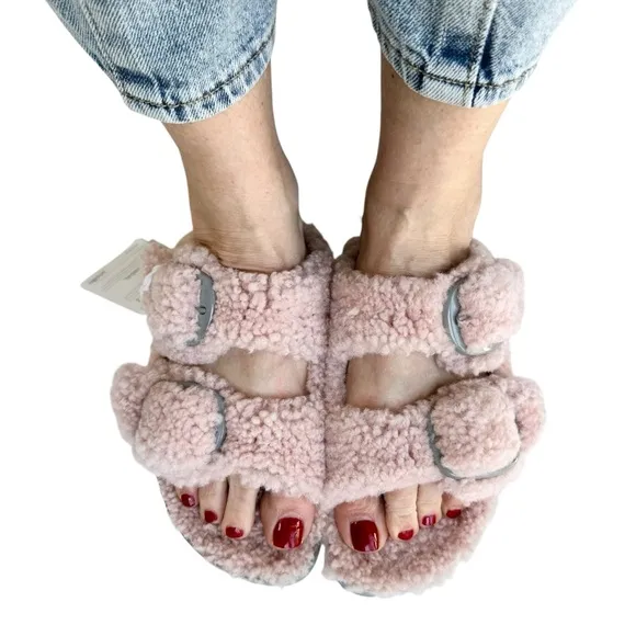 NWT Birkenstock Papillio Arizona Big Buckle Shearling fuzzy sandal pink 36/5
