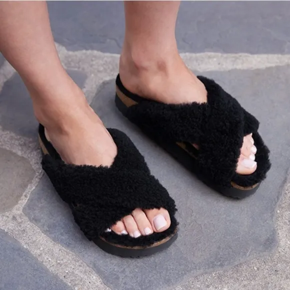NWT Birkenstock Papillio Teddy Shearling Criss Cross Strap Black Sandal EU 39