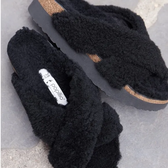 NWT Birkenstock Papillio Teddy Shearling Criss Cross Strap Black Sandal EU 39