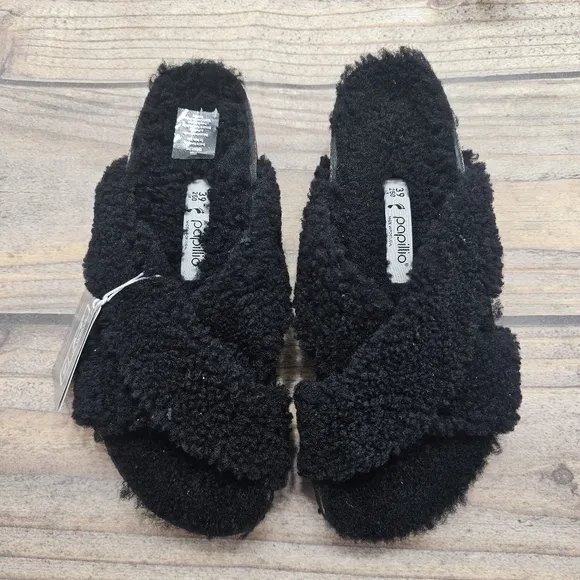 NWT Birkenstock Papillio Teddy Shearling Criss Cross Strap Black Sandal EU 39
