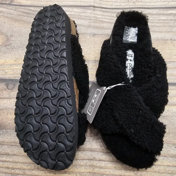 NWT Birkenstock Papillio Teddy Shearling Criss Cross Strap Black Sandal EU 39