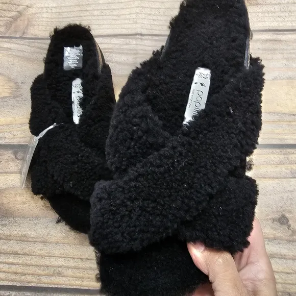 NWT Birkenstock Papillio Teddy Shearling Criss Cross Strap Black Sandal EU 39