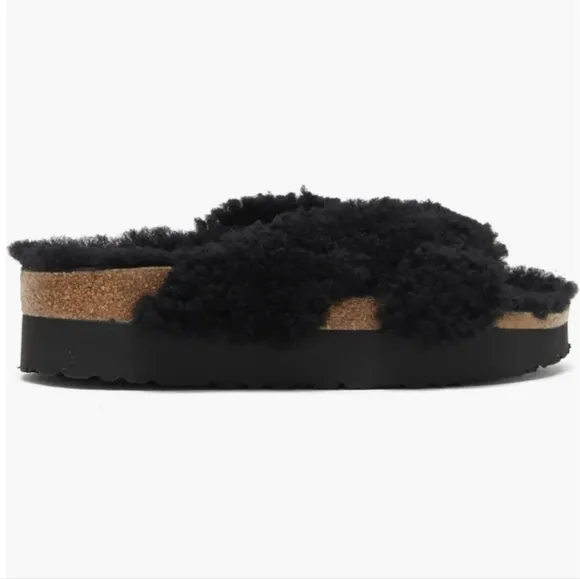 NWT Birkenstock Papillio Teddy Shearling Criss Cross Strap Black Sandal EU 39