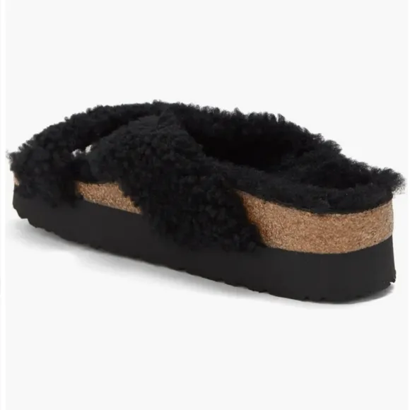 NWT Birkenstock Papillio Teddy Shearling Criss Cross Strap Black Sandal EU 39