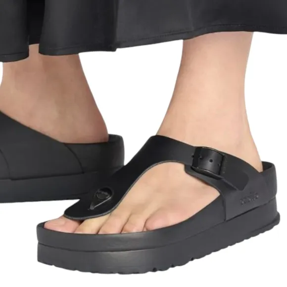NWT Birkenstock Papillio Gizeh Flex Black Leather Platform Sandals