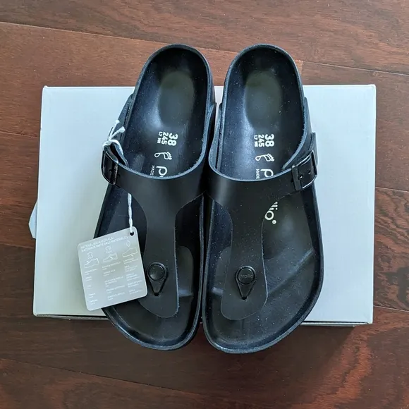 NWT Birkenstock Papillio Gizeh Flex Black Leather Platform Sandals