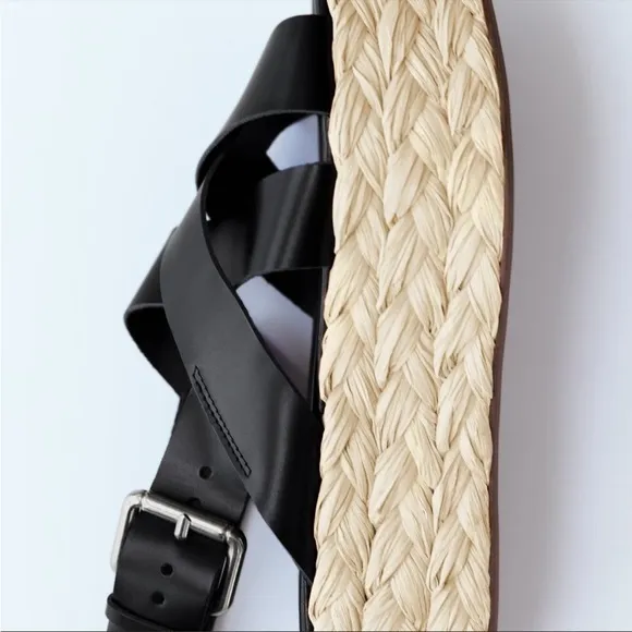 NWT Black Leather Cross Strap Woven Platform Sandals ZARA size 10 buckle shoes