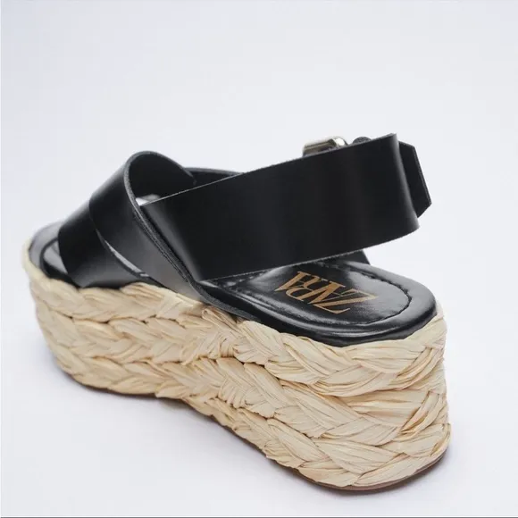 NWT Black Leather Cross Strap Woven Platform Sandals ZARA size 10 buckle shoes