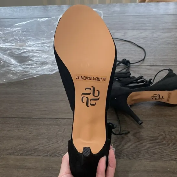 NWT BURJU Amalia Open Toe Lace Up Heeled Sandals | Black | Size 12