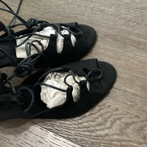 NWT BURJU Amalia Open Toe Lace Up Heeled Sandals | Black | Size 12