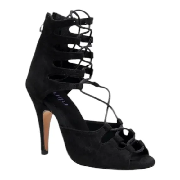 NWT BURJU Amalia Open Toe Lace Up Heeled Sandals | Black | Size 12