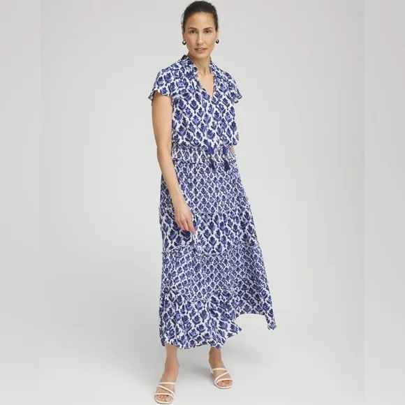 NWT Chico’s Tiles Smocked Waist Tiered Maxi Blue White Dress Size 1 (US Size 8)