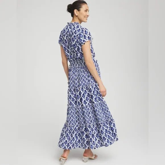 NWT Chico’s Tiles Smocked Waist Tiered Maxi Blue White Dress Size 1 (US Size 8)