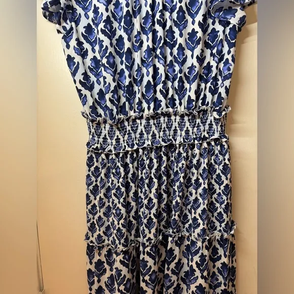 NWT Chico’s Tiles Smocked Waist Tiered Maxi Blue White Dress Size 1 (US Size 8)