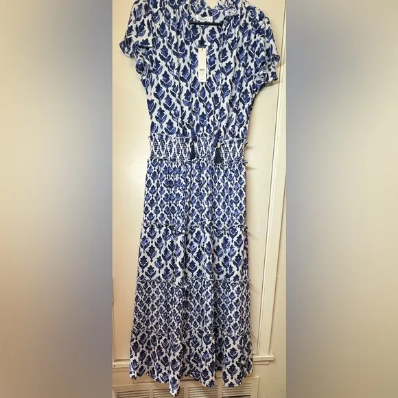 NWT Chico’s Tiles Smocked Waist Tiered Maxi Blue White Dress Size 1 (US Size 8)