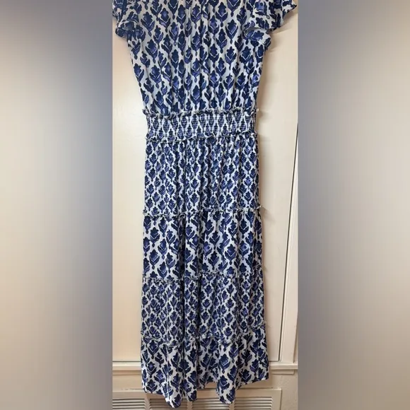 NWT Chico’s Tiles Smocked Waist Tiered Maxi Blue White Dress Size 1 (US Size 8)