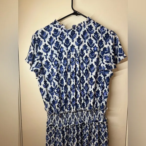 NWT Chico’s Tiles Smocked Waist Tiered Maxi Blue White Dress Size 1 (US Size 8)