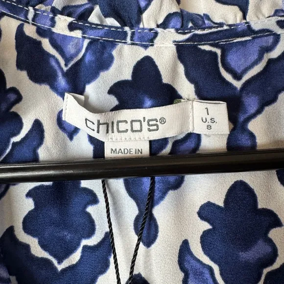 NWT Chico’s Tiles Smocked Waist Tiered Maxi Blue White Dress Size 1 (US Size 8)