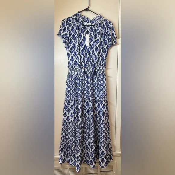 NWT Chico’s Tiles Smocked Waist Tiered Maxi Blue White Dress Size 1 (US Size 8)
