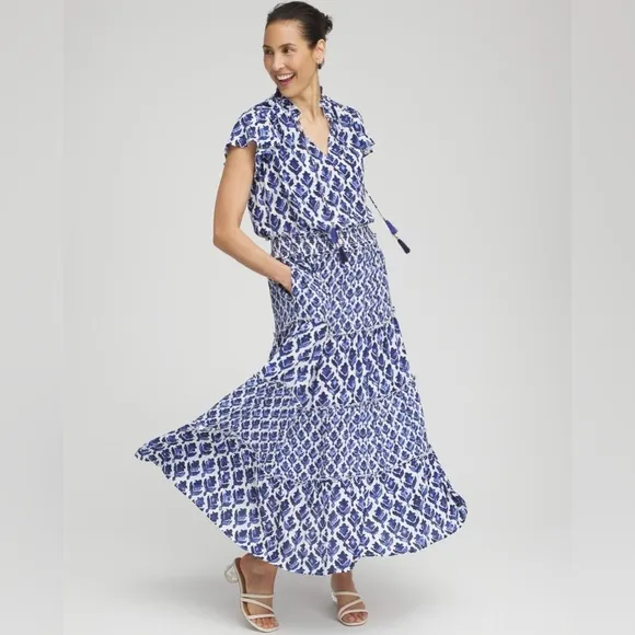NWT Chico’s Tiles Smocked Waist Tiered Maxi Blue White Dress Size 1 (US Size 8)