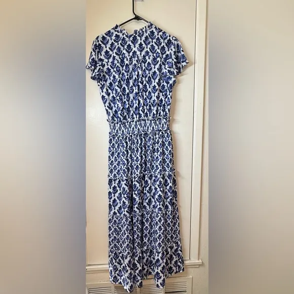 NWT Chico’s Tiles Smocked Waist Tiered Maxi Blue White Dress Size 1 (US Size 8)