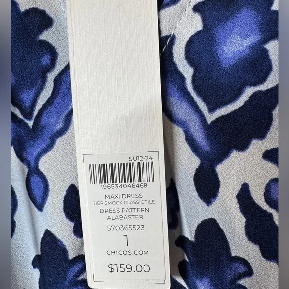 NWT Chico’s Tiles Smocked Waist Tiered Maxi Blue White Dress Size 1 (US Size 8)