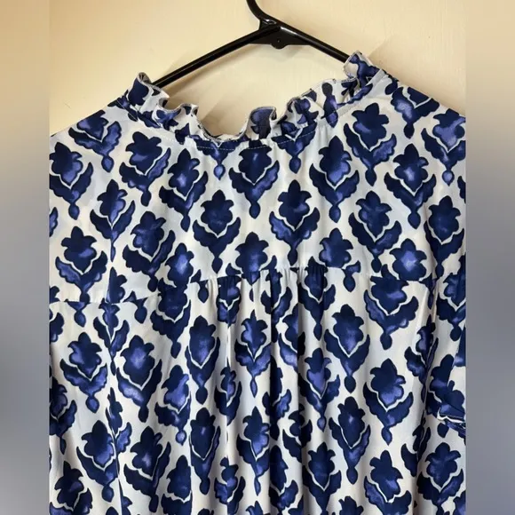 NWT Chico’s Tiles Smocked Waist Tiered Maxi Blue White Dress Size 1 (US Size 8)