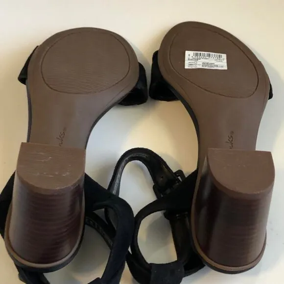 NWT CLARKS Ralene Sheen Suede Sandal Ankle Strap Block Heel Black 5.5