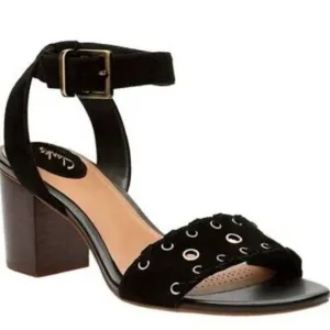 NWT CLARKS Ralene Sheen Suede Sandal Ankle Strap Block Heel Black 5.5