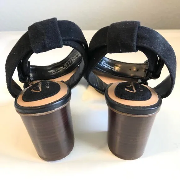 NWT CLARKS Ralene Sheen Suede Sandal Ankle Strap Block Heel Black 5.5