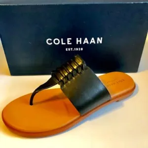 NWT COLE HAAN Felix Grand Black Leather Thong Slides Sandals SZ 6