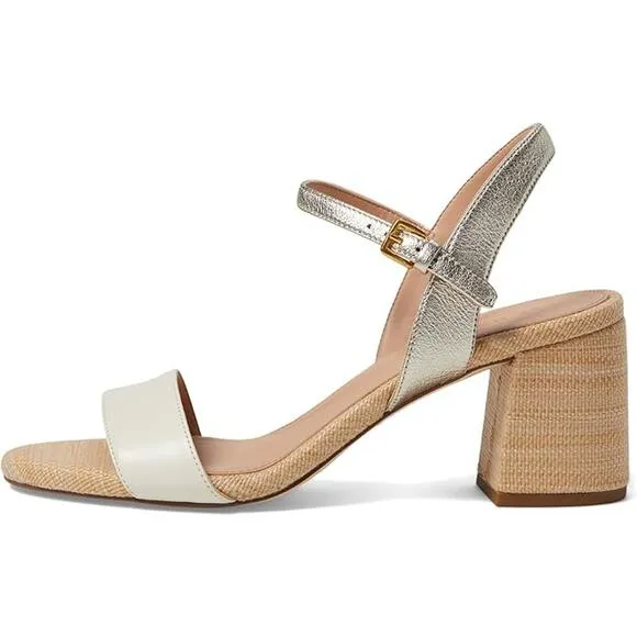 NWT Cole Haan Women's Josie Block Heeled Sandal, Ivory/Soft Gold-Size 9