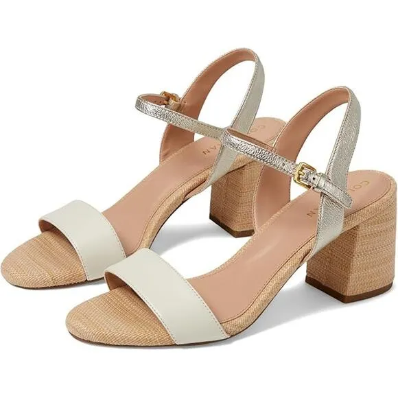 NWT Cole Haan Women's Josie Block Heeled Sandal, Ivory/Soft Gold-Size 9