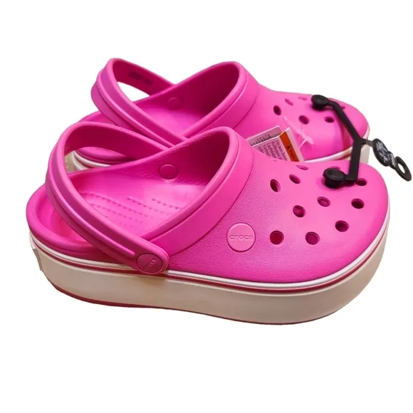 NWT Crocs Girl's Crocband Platform Clogs Size 2 Barbie Pink White