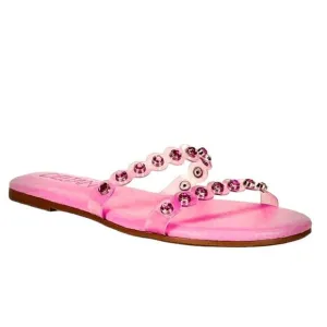 NWT Deltan Vinyl Pink Rhinestones Embellished Banded Slides Sandals Size: 7.5
