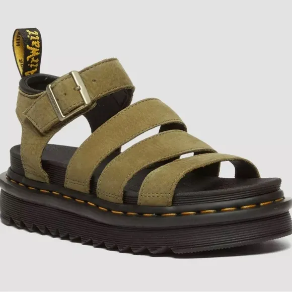 NWT Dr. Martens Blaire Tumbled Nubuck Leather Platform Sandals in Muted Olive