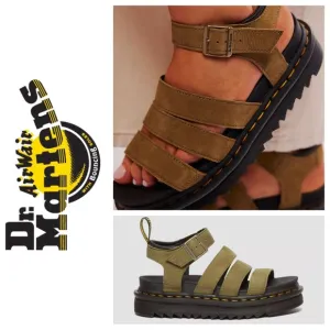 NWT Dr. Martens Blaire Tumbled Nubuck Leather Platform Sandals in Muted Olive