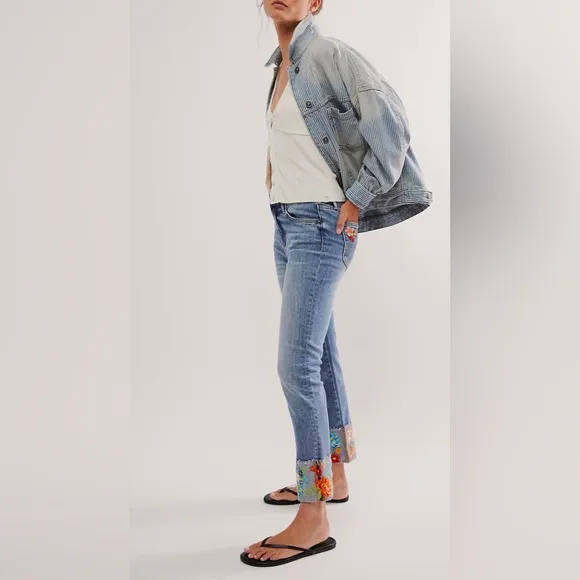 NWT Driftwood Colette Skinny Jeans Embroidered Cuff Cropped Waist 6 Length 27