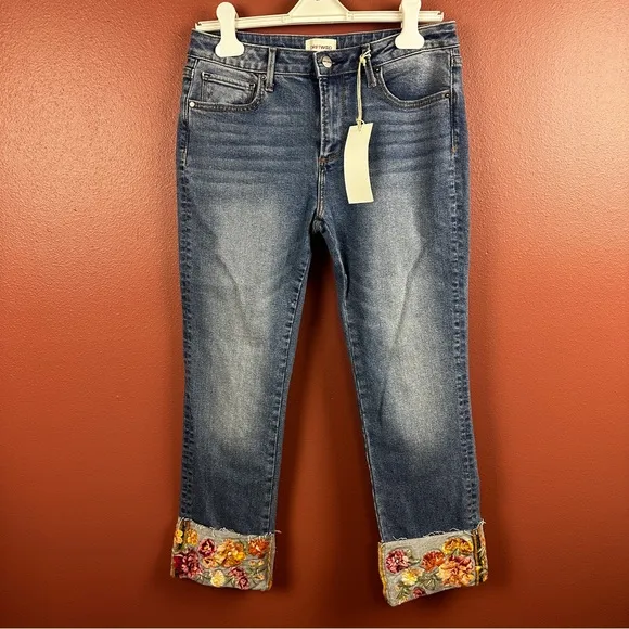NWT Driftwood Colette Skinny Jeans Embroidered Cuff Cropped Waist 6 Length 27