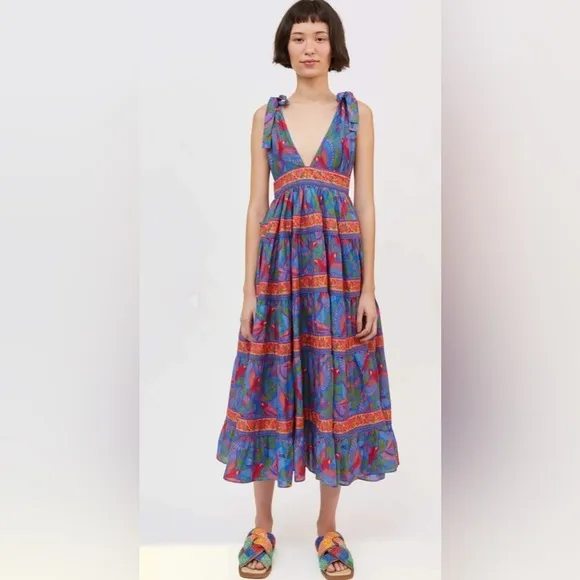 NWT. FARM Rio Blue Macaw Flight Midi Dress Size Small