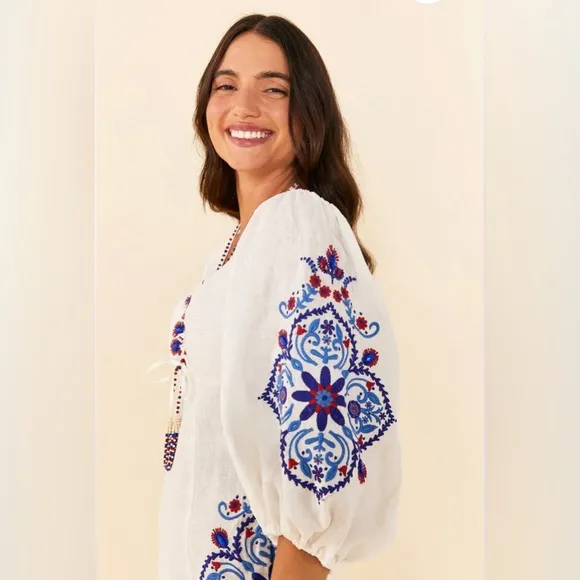 NWT FARM Rio Off-White Navy Embroidery Mini Dress