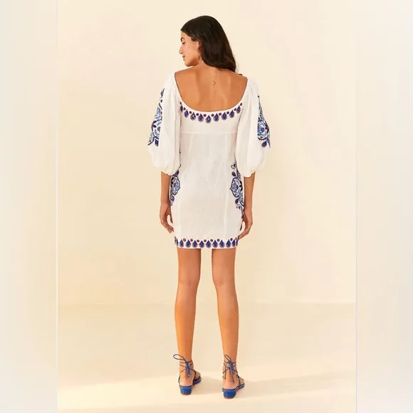 NWT FARM Rio Off-White Navy Embroidery Mini Dress