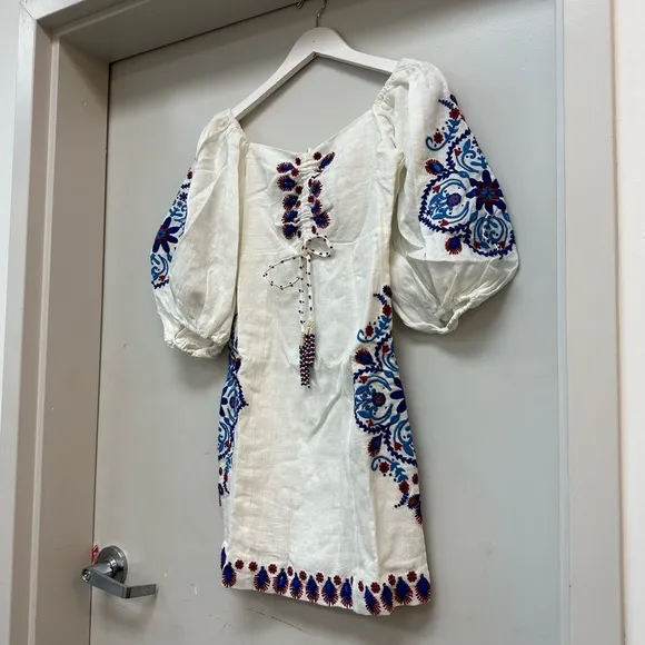 NWT FARM Rio Off-White Navy Embroidery Mini Dress