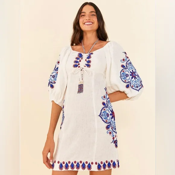 NWT FARM Rio Off-White Navy Embroidery Mini Dress