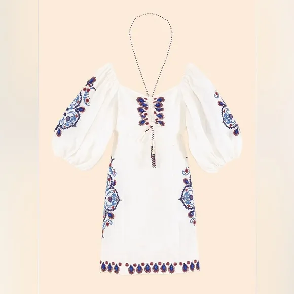 NWT FARM Rio Off-White Navy Embroidery Mini Dress